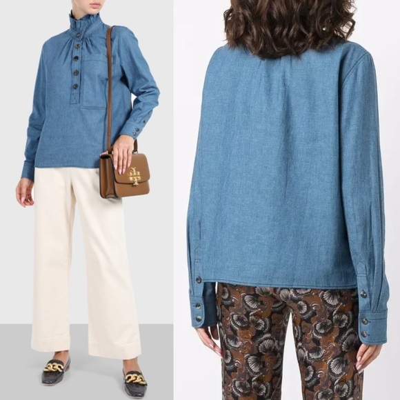 TORY BURCH Linen Cotton Chambray Ruffle High Neck Long Sleeve Pocket Blouse 10 - Picture 8 of 11